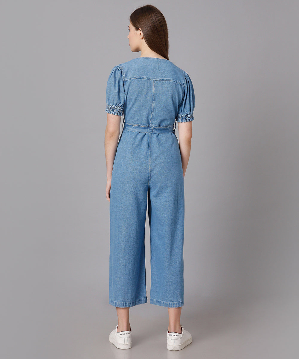 Denim Jumpsuit with Puff Sleeves