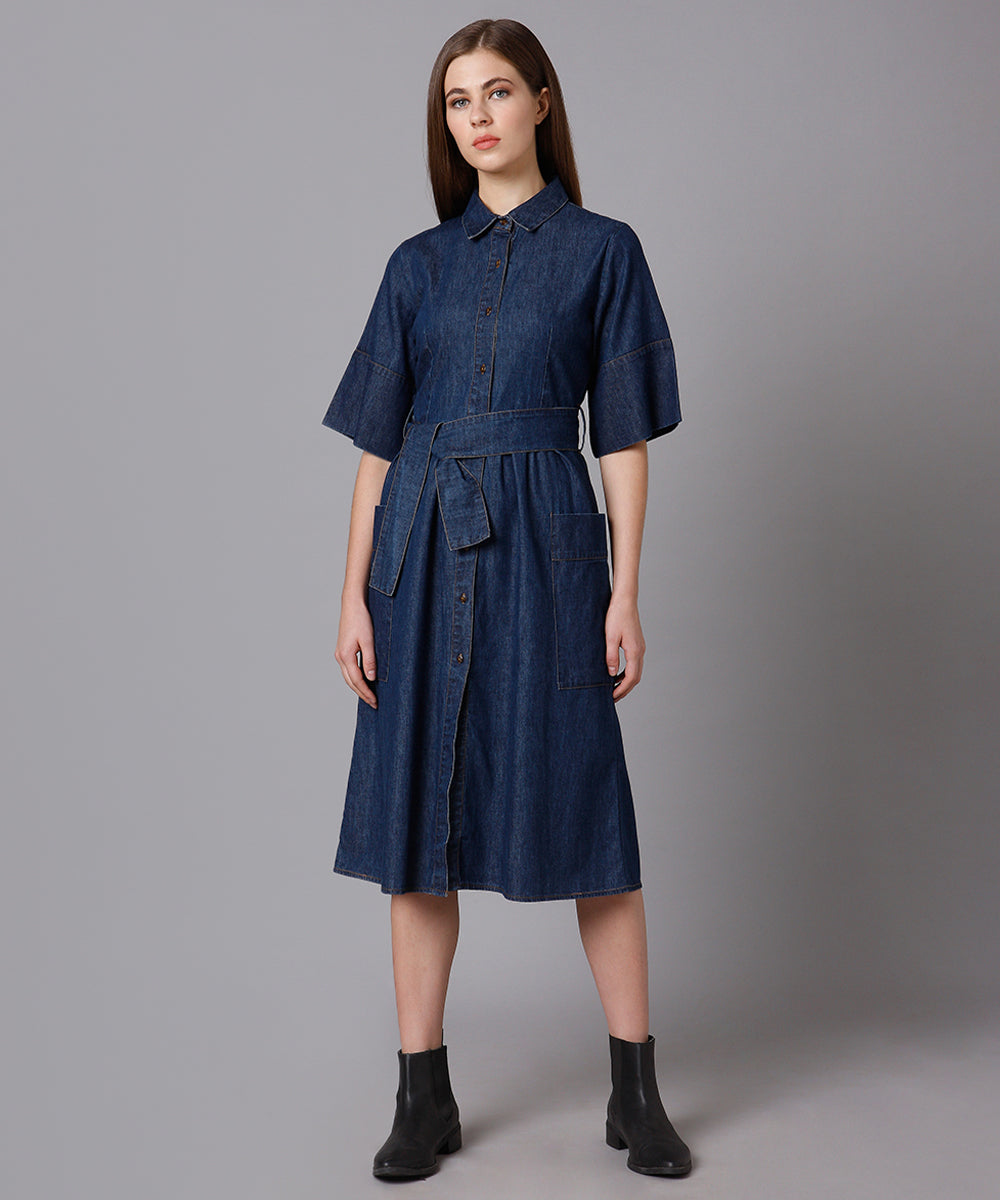 Denim Shirt Dress with Flared Sleeves