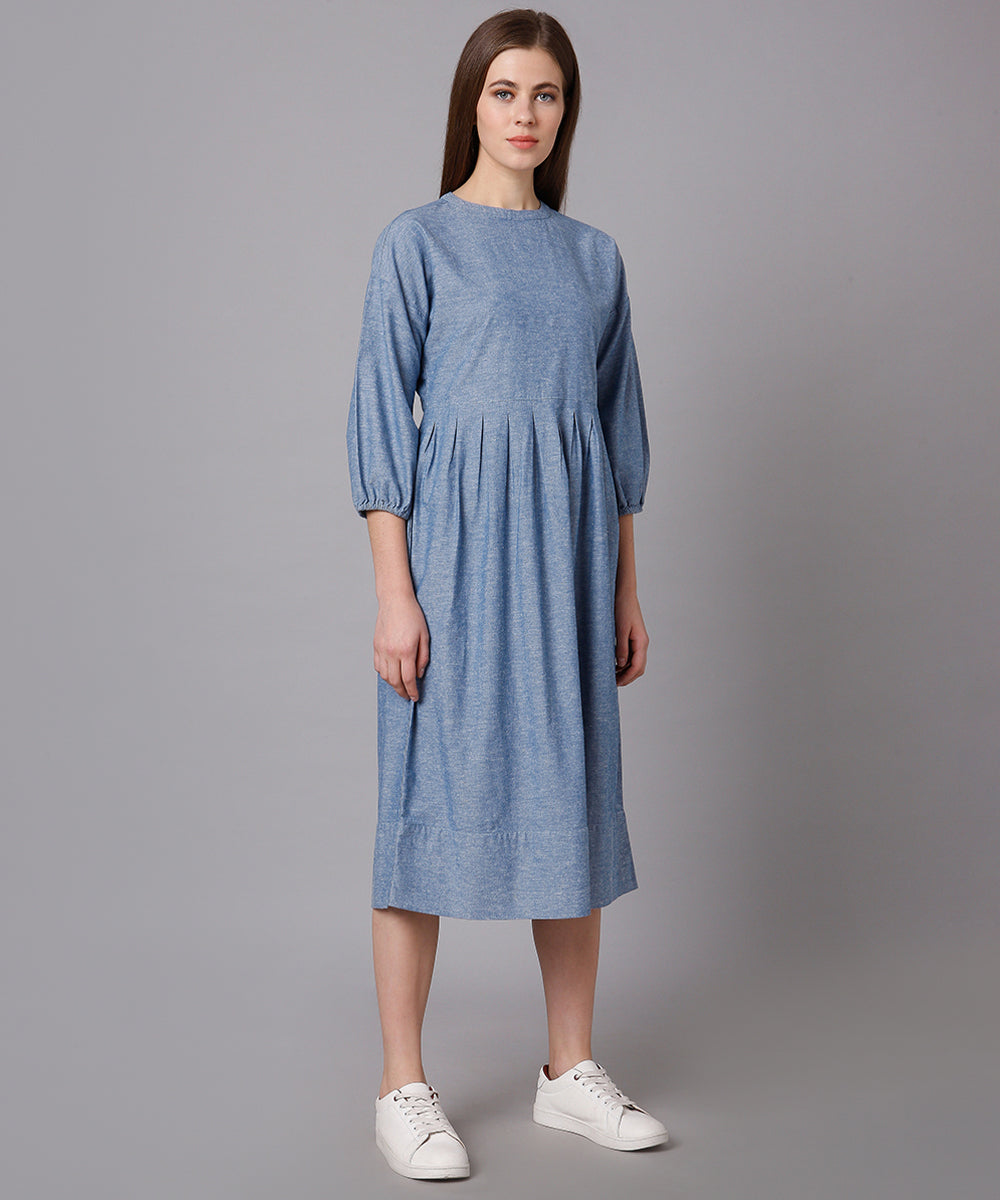 Cotton Denim Dress with Pleated Waist