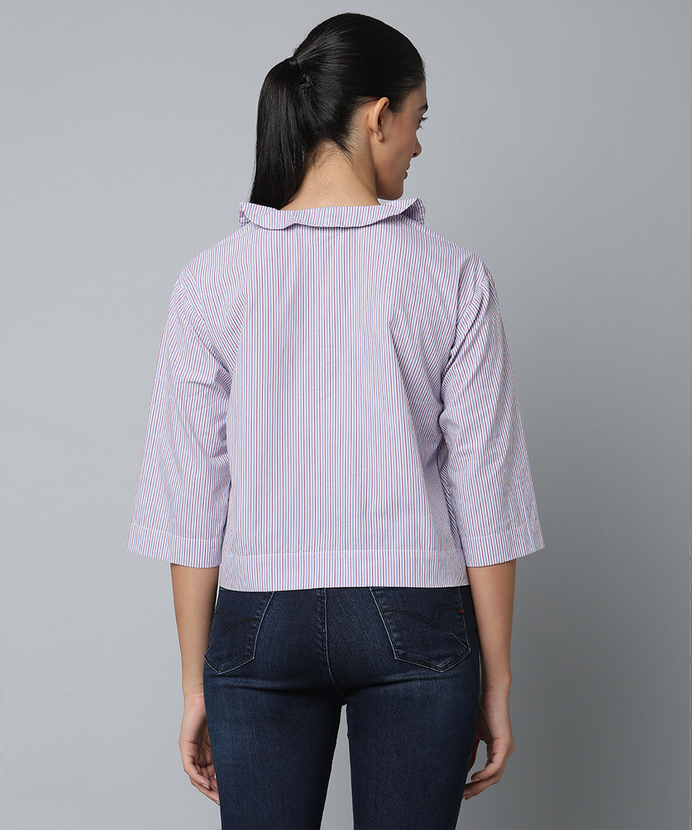 Cotton Half Ruffled Neck Top- Striped