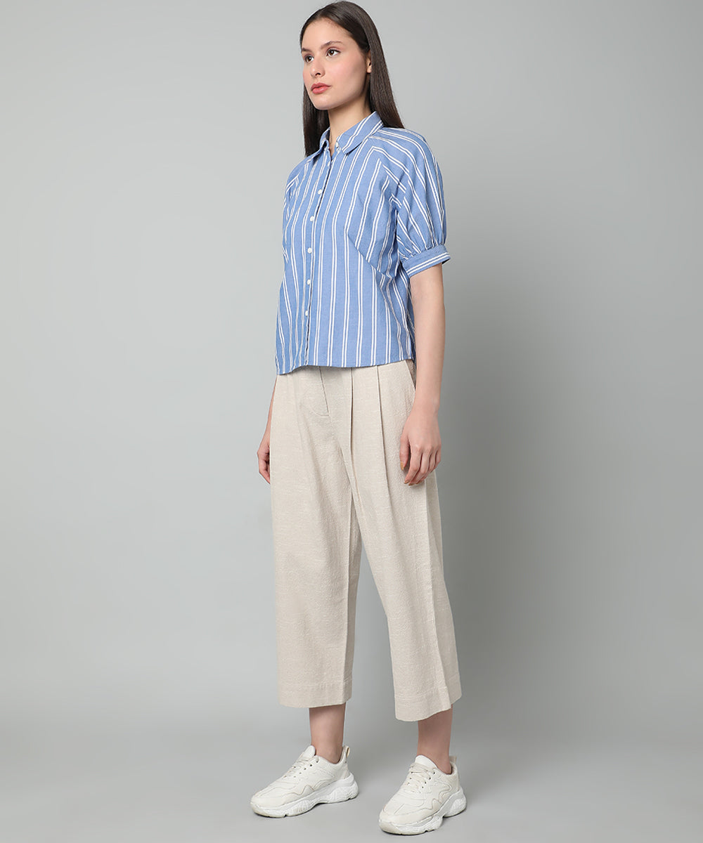 White and Blue Striped Cotton Shirt with raglan sleeves