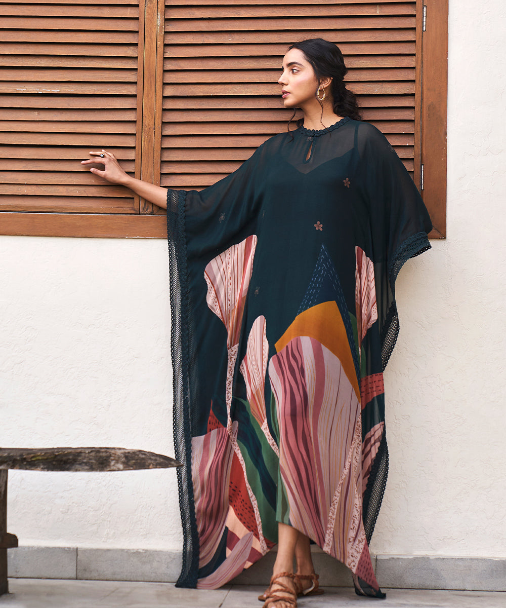 Bottle Green Abstract Print Long Kaftan