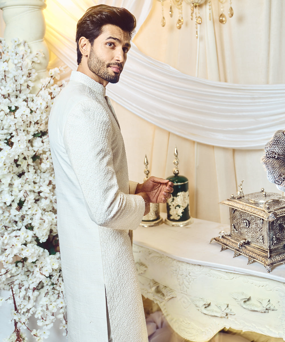 Seashell white embroidered sherwani set