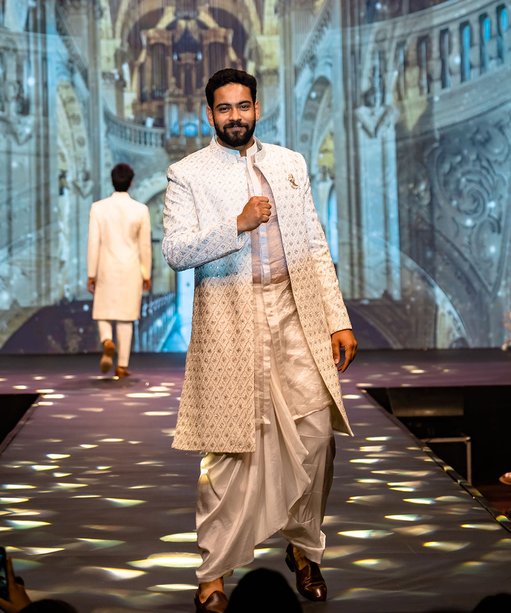 Seashell White Geometrical Sherwani set