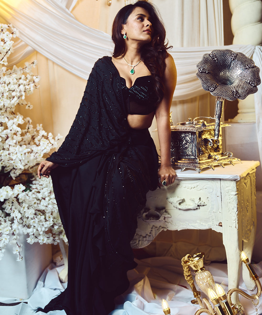 Jade black Pre drape Saree set