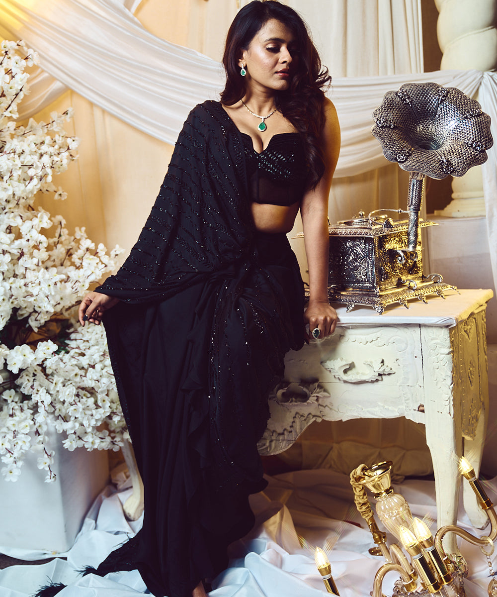 Jade black Pre drape Saree set