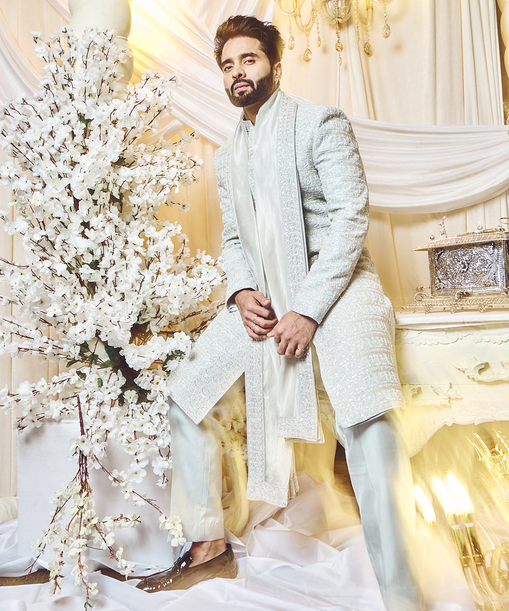 Pearl Grey Deco Sherwani set.